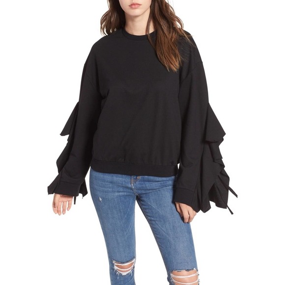 J.O.A. Tops - J.O.A. Ruffle Tie Sleeve Sweatshirt Black NWOT S